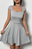 Grey Casual Simplicity Solid Backless Fold Square Collar A Line Dresses