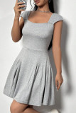 Grey Casual Simplicity Solid Backless Fold Square Collar A Line Dresses