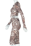 Leopard Print Sexy Leopard Print Buttons Patchwork Oblique Collar Long Sleeve Two Pieces