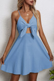 Black Sweet Solid With Bow V Neck Sling Dress Dresses