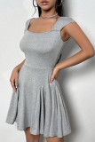 Grey Casual Simplicity Solid Backless Fold Square Collar A Line Dresses