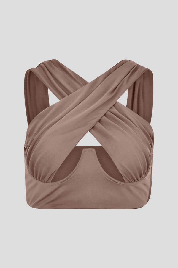 Coffee Sexy Solid Color Hollow Out Tops