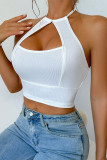 White Sexy Solid Color Lace Up Halter Tops