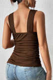 Coffee Sexy Solid Fold V Neck Tops
