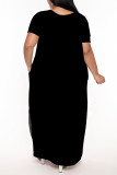 Black Casual Solid Color Slit V Neck Short Sleeve Plus Size Dresses