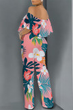 Pink Sexy Floral Print Flounce Contrast Off Shoulder Loose Jumpsuits