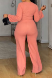 Coral Powder Casual Elegant Solid Color Hollow Out O Neck Regular Jumpsuits