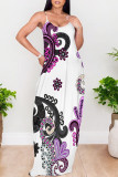 White Sexy National Totem Print Pocket Contrast O Neck Long Dresses