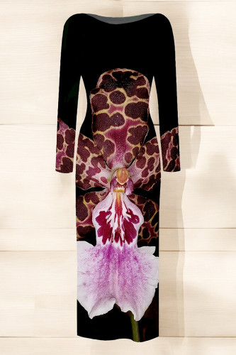 Black Elegant Flowers Print Contrast O Neck Printed Dresses