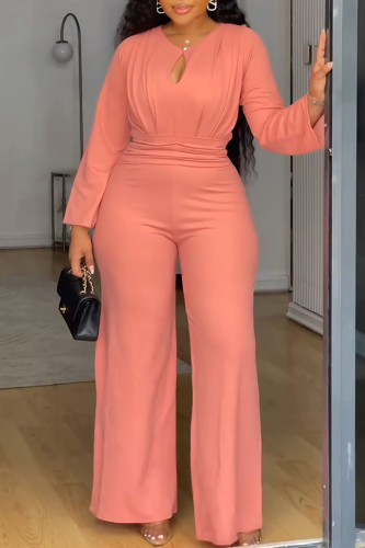 Coral Powder Casual Elegant Solid Color Hollow Out O Neck Regular Jumpsuits