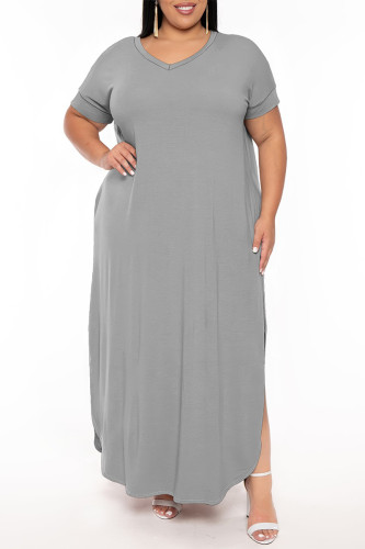 Grey Casual Solid Color Slit V Neck Short Sleeve Plus Size Dresses