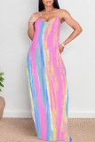 Blue White Sexy Geometric Print Pocket Contrast O Neck Printed Dresses