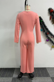 Coral Powder Casual Elegant Solid Color Hollow Out O Neck Regular Jumpsuits