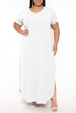 Black Casual Solid Color Slit V Neck Short Sleeve Plus Size Dresses