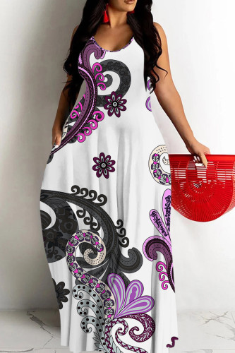 White Sexy National Totem Print Pocket Contrast O Neck Long Dresses