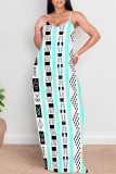 Blue White Sexy Geometric Print Pocket Contrast O Neck Printed Dresses