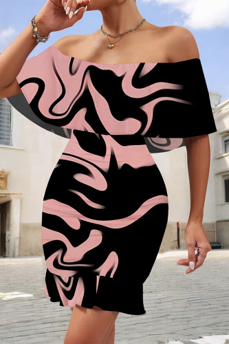 Black Pink Sexy Floral Print Flounce Contrast Off Shoulder Printed Dresses