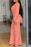 Coral Powder Casual Elegant Solid Color Hollow Out O Neck Regular Jumpsuits