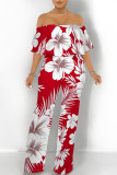 Pink Sexy Floral Print Flounce Contrast Off Shoulder Loose Jumpsuits