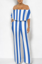 Blue White Sexy Striped Print Pocket Flounce Contrast Off Shoulder Jumpsuits