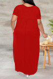 Black Casual Solid Color Slit V Neck Short Sleeve Plus Size Dresses