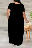 Black Casual Solid Color Slit V Neck Short Sleeve Plus Size Dresses