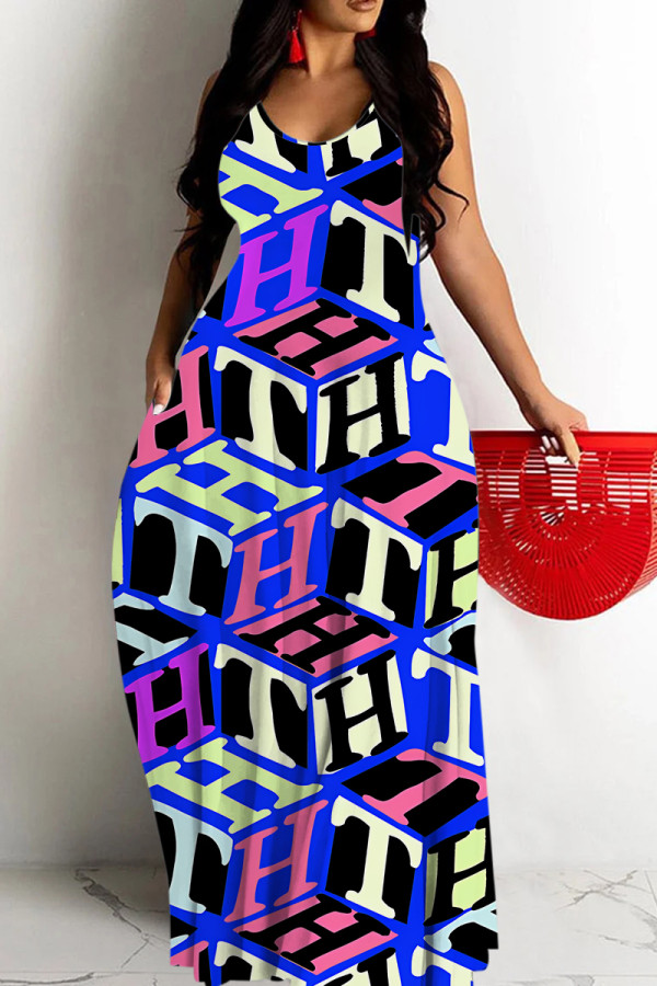 Blue Sexy Skull Head Striped Print Pocket Contrast O Neck Printed Dresses