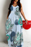 White Sexy National Totem Print Pocket Contrast O Neck Long Dresses