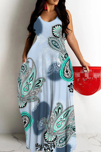 Light Blue Sexy National Totem Print Pocket Contrast O Neck Long Dresses