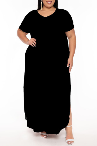 Black Casual Solid Color Slit V Neck Short Sleeve Plus Size Dresses