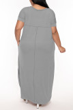 Black Casual Solid Color Slit V Neck Short Sleeve Plus Size Dresses