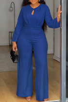 Blue Casual Elegant Solid Color Hollow Out O Neck Regular Jumpsuits