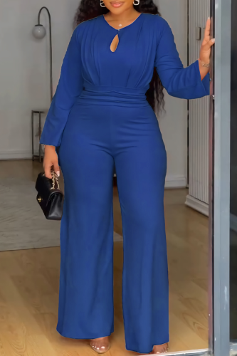 Blue Casual Elegant Solid Color Hollow Out O Neck Regular Jumpsuits