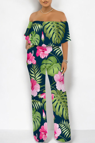 Tibetan Blue Sexy Floral Print Flounce Contrast Off Shoulder Loose Jumpsuits