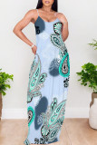 White Sexy National Totem Print Pocket Contrast O Neck Long Dresses