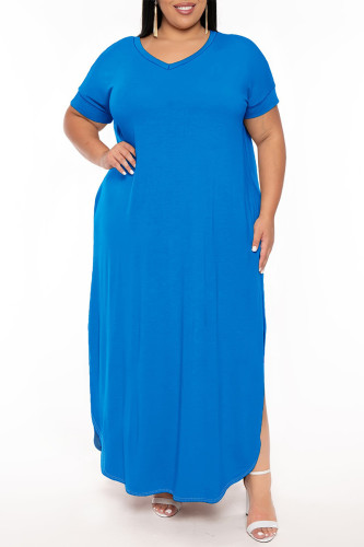 Blue Casual Solid Color Slit V Neck Short Sleeve Plus Size Dresses