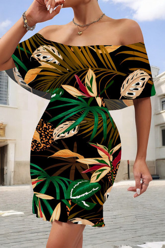 Black Sexy Floral Print Flounce Contrast Off Shoulder Printed Dresses
