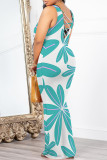 Turquoise Casual Geometric Print Backless Contrast O Neck One Step Skirt Dresses