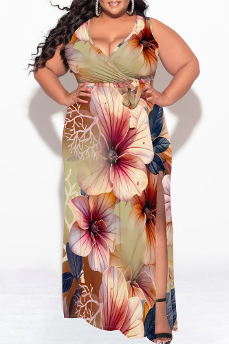 Light Green Casual Floral Print Lace Up Slit V Neck Printed Plus Size Dresses
