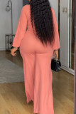 Coral Powder Casual Elegant Solid Color Hollow Out O Neck Regular Jumpsuits