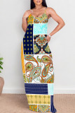 White Sexy National Totem Print Pocket Contrast O Neck Long Dresses