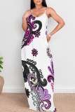 White Sexy National Totem Print Pocket Contrast O Neck Long Dresses