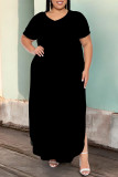 Black Casual Solid Color Slit V Neck Short Sleeve Plus Size Dresses