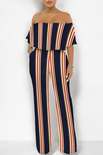 Navy Blue Sexy Striped Print Pocket Flounce Contrast Off Shoulder Jumpsuits