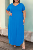 Black Casual Solid Color Slit V Neck Short Sleeve Plus Size Dresses