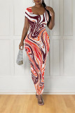 Red Blue Casual Geometric Print Contrast O Neck One Step Skirt Dresses