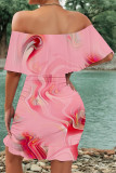 Black Pink Sexy Floral Print Flounce Contrast Off Shoulder Printed Dresses