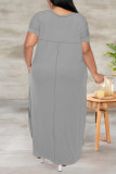 Black Casual Solid Color Slit V Neck Short Sleeve Plus Size Dresses