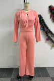 Coral Powder Casual Elegant Solid Color Hollow Out O Neck Regular Jumpsuits