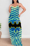 Blue Sexy Skull Head Striped Print Pocket Contrast O Neck Printed Dresses